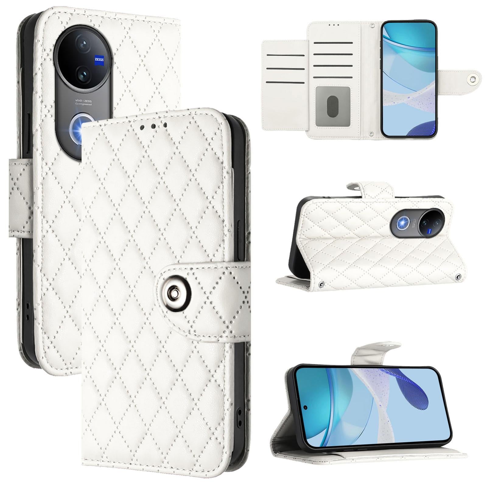 For-vivo-V50-5G-Global-Rhombic-Texture-Flip-Leather-Phone-Case-with-Lanyard(White)