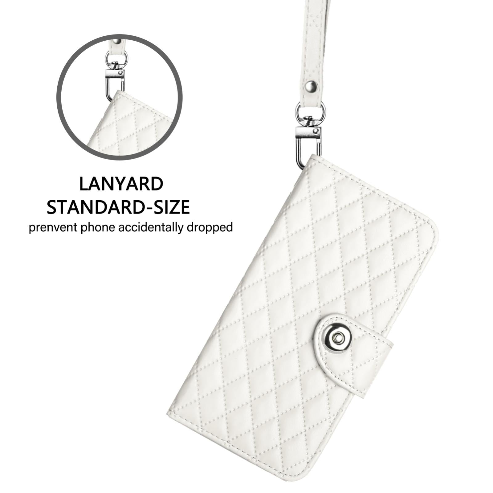 For-vivo-V50-5G-Global-Rhombic-Texture-Flip-Leather-Phone-Case-with-Lanyard(White)