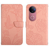 For-vivo-V50-5G-Global-HT03-Skin-Feel-Butterfly-Embossed-Flip-Leather-Phone-Case(Pink)