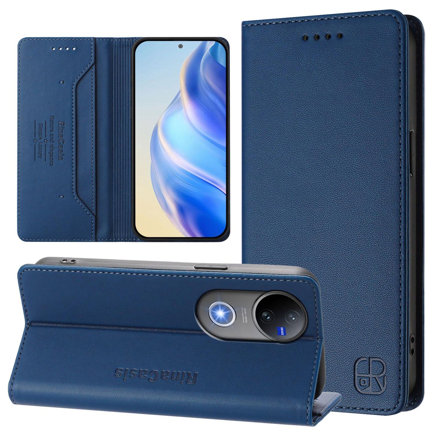 For-vivo-V50-5G-Global-RC01-Dual-Folded-Magnetic-Suction-RFID-Leather-Phone-Case(Dark-Blue)