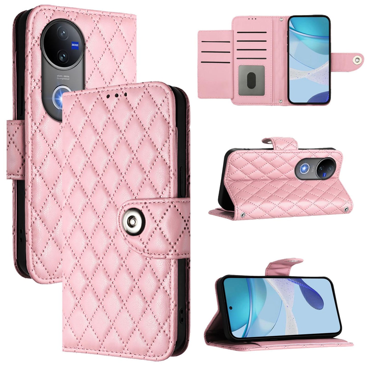 For-vivo-V50-5G-Global-Rhombic-Texture-Flip-Leather-Phone-Case-with-Lanyard(Pink)