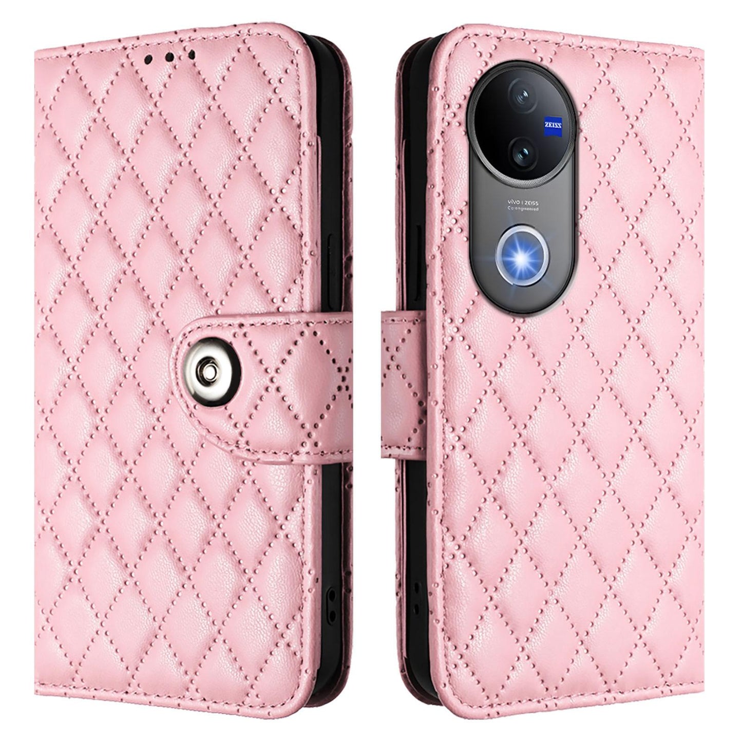 For-vivo-V50-5G-Global-Rhombic-Texture-Flip-Leather-Phone-Case-with-Lanyard(Pink)