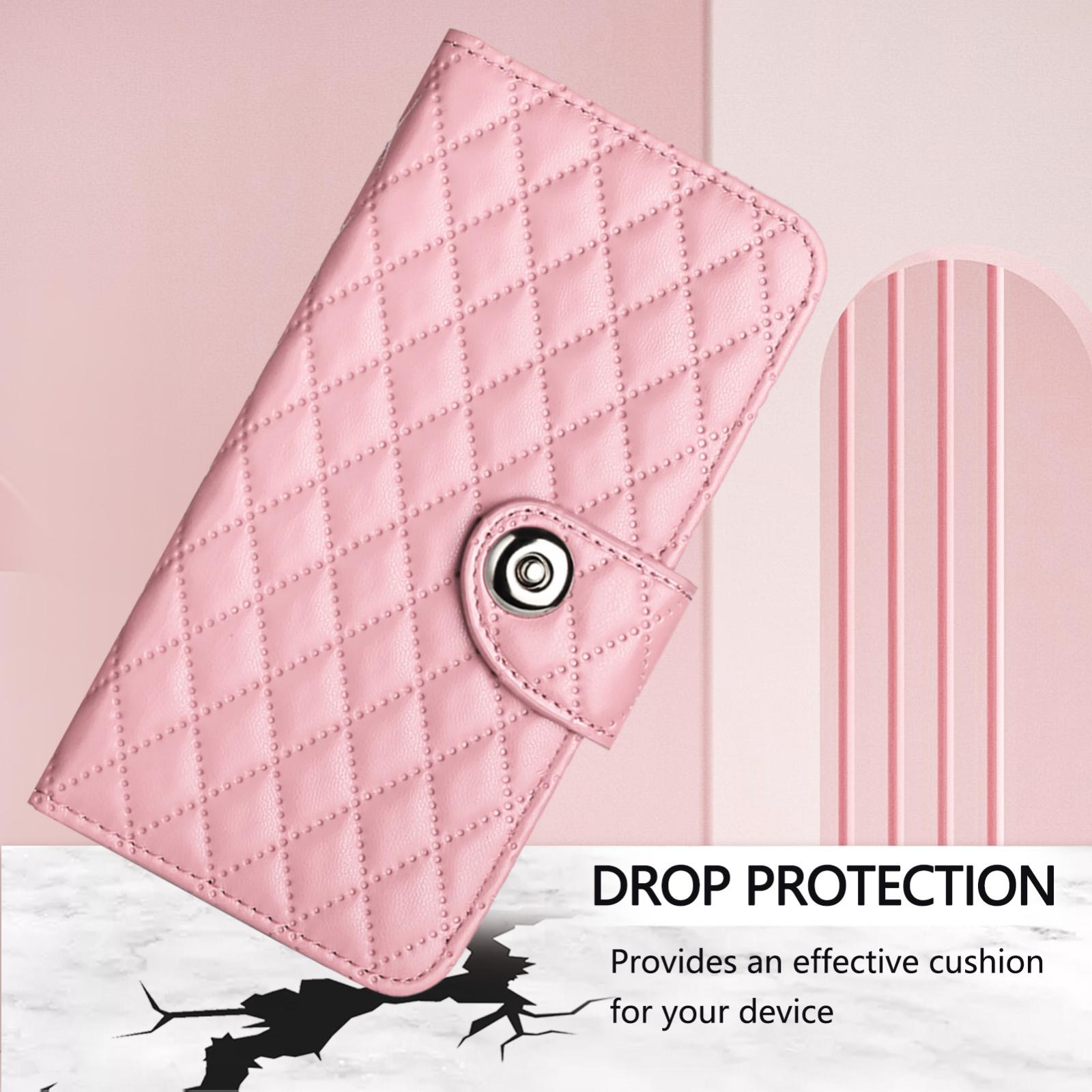 For-vivo-V50-5G-Global-Rhombic-Texture-Flip-Leather-Phone-Case-with-Lanyard(Pink)