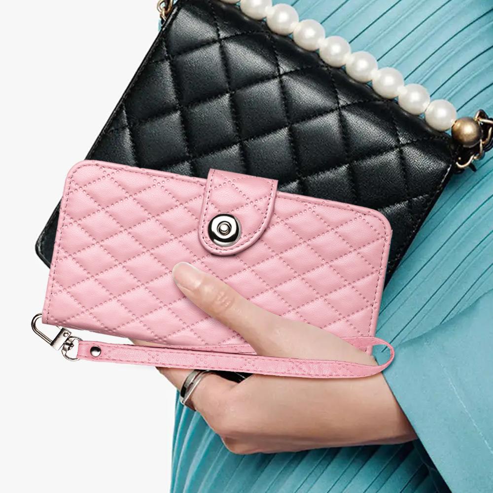 For-vivo-V50-5G-Global-Rhombic-Texture-Flip-Leather-Phone-Case-with-Lanyard(Pink)