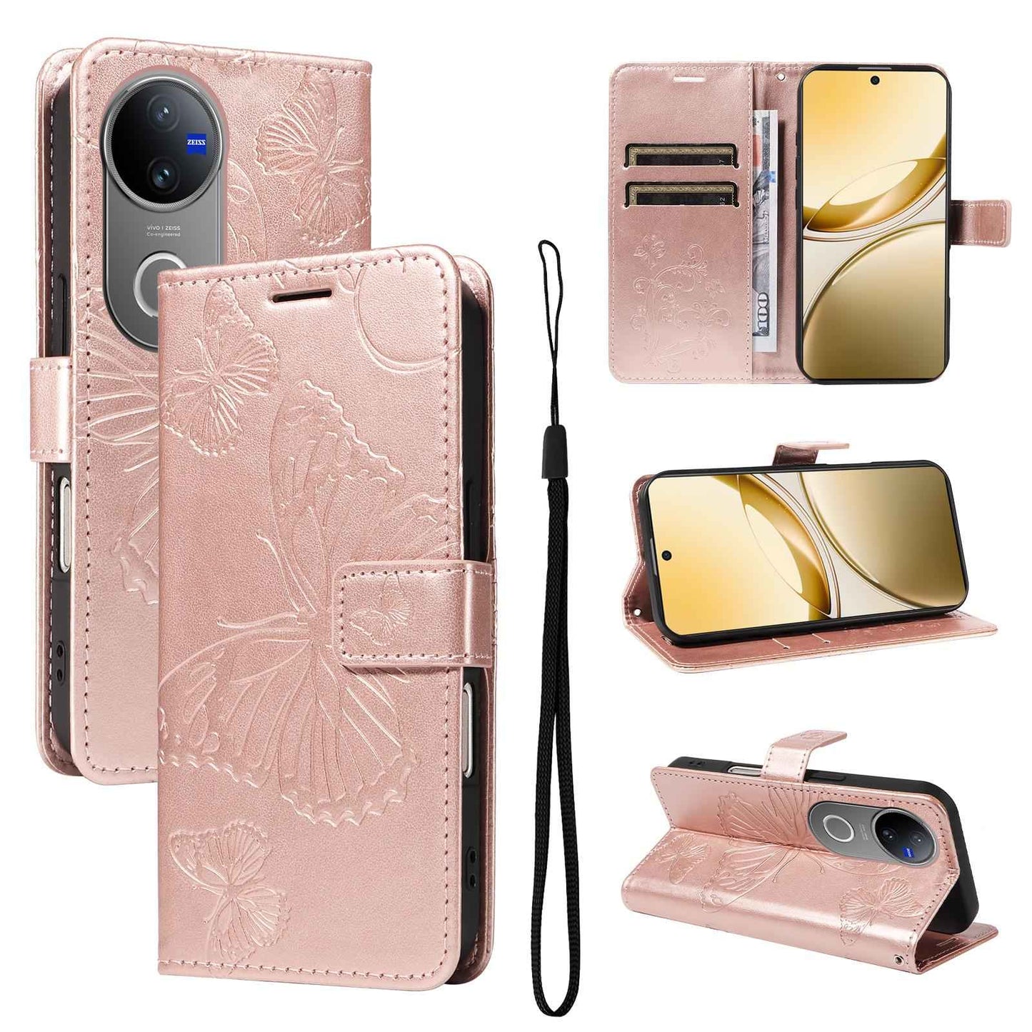 For-vivo-V50-5G-Global-3D-Butterfly-Embossed-Pattern-Flip-Leather-Phone-Case(Rose-Gold)