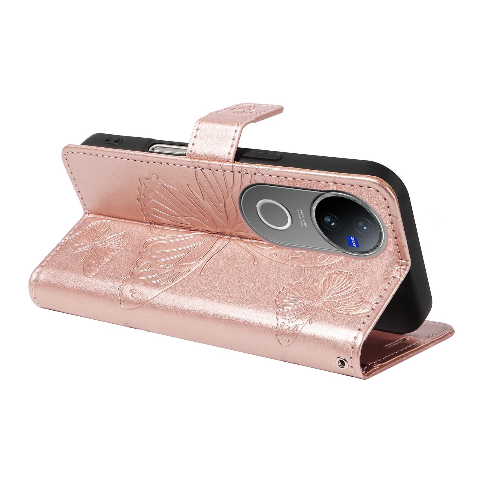 For-vivo-V50-5G-Global-3D-Butterfly-Embossed-Pattern-Flip-Leather-Phone-Case(Rose-Gold)