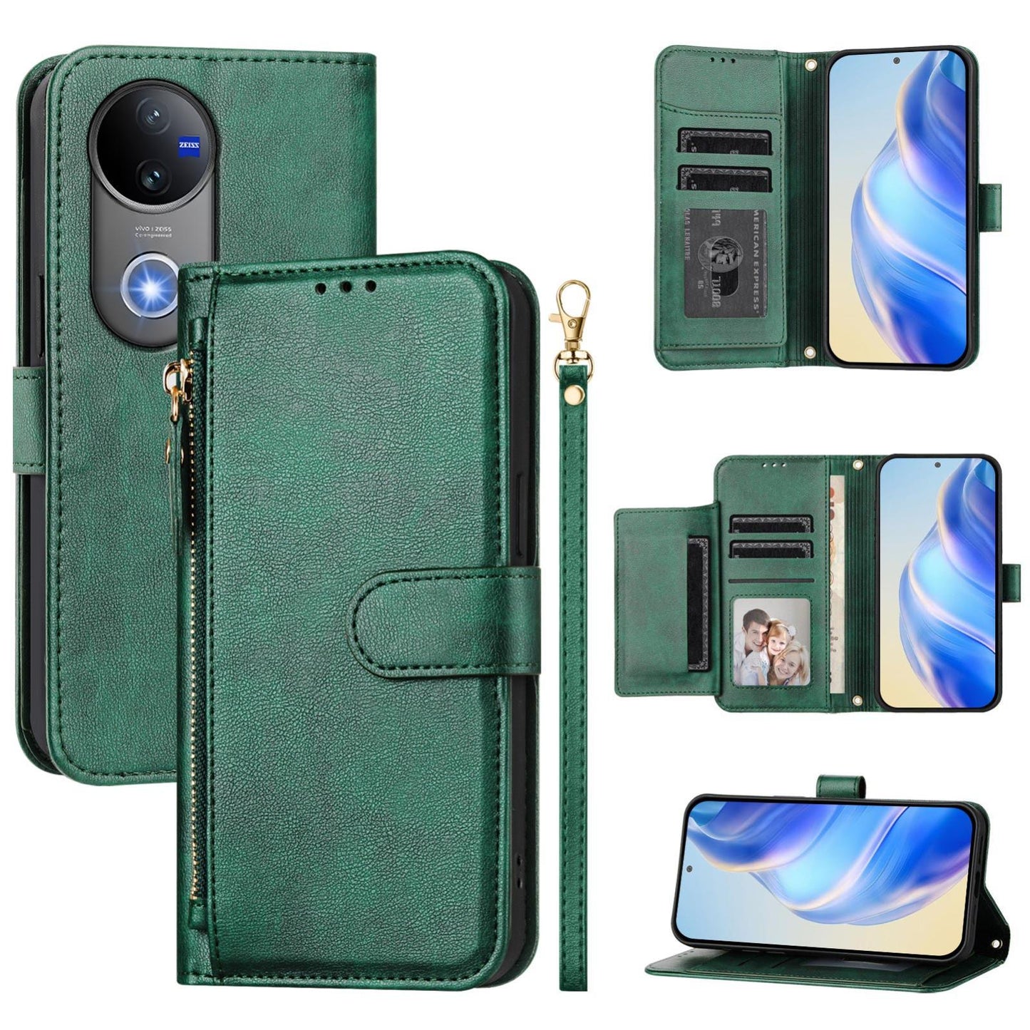 For-vivo-V50-Global-Multi-Card-Slots-Zipper-Wallet-Leather-Phone-Case(Green)