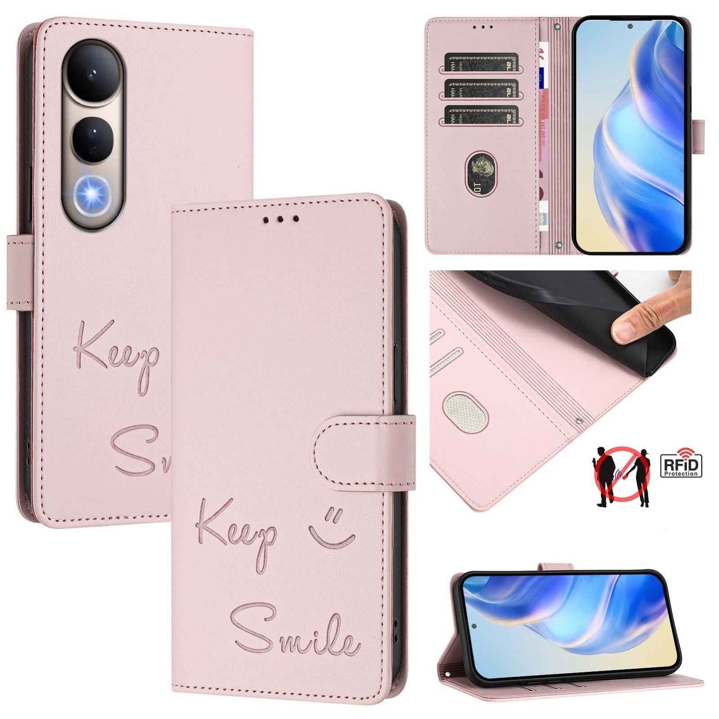 For-vivo-V50-Lite-5G-Smile-Embossing-RFID-Leather-Phone-Case(Pink)
