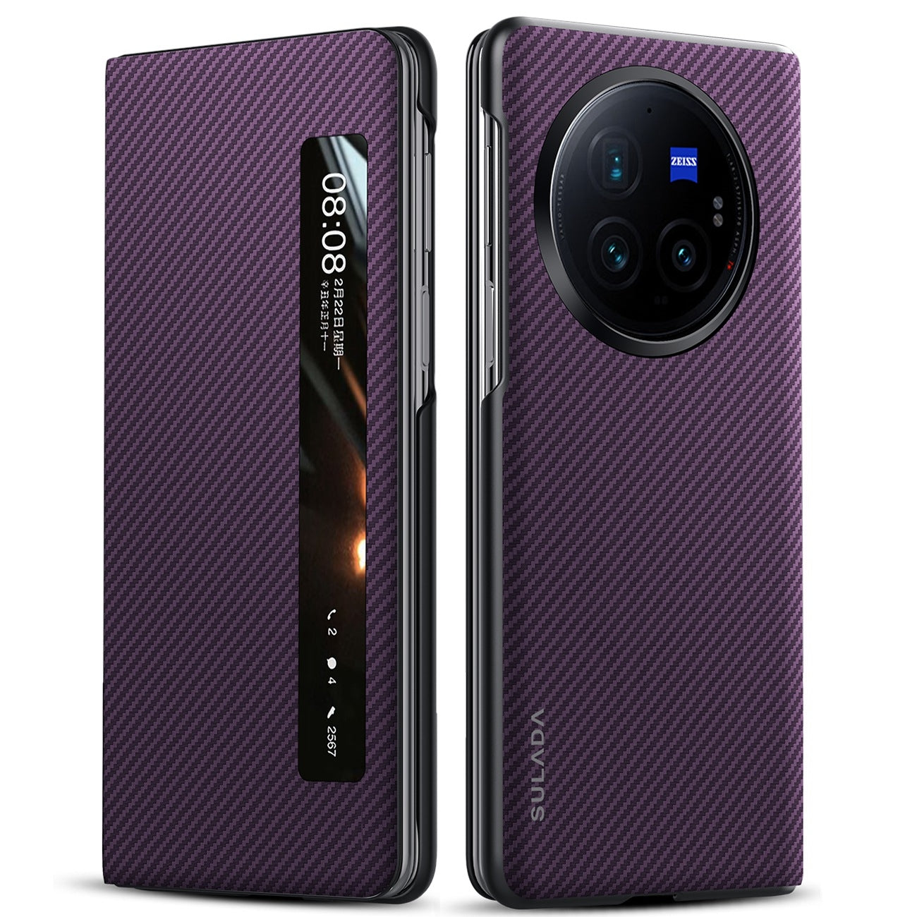 For-vivo-X-Fold3-Pro-SULADA-Kevlar-600D-Texture-Smart-Window-Leather-Phone-Case(Purple)