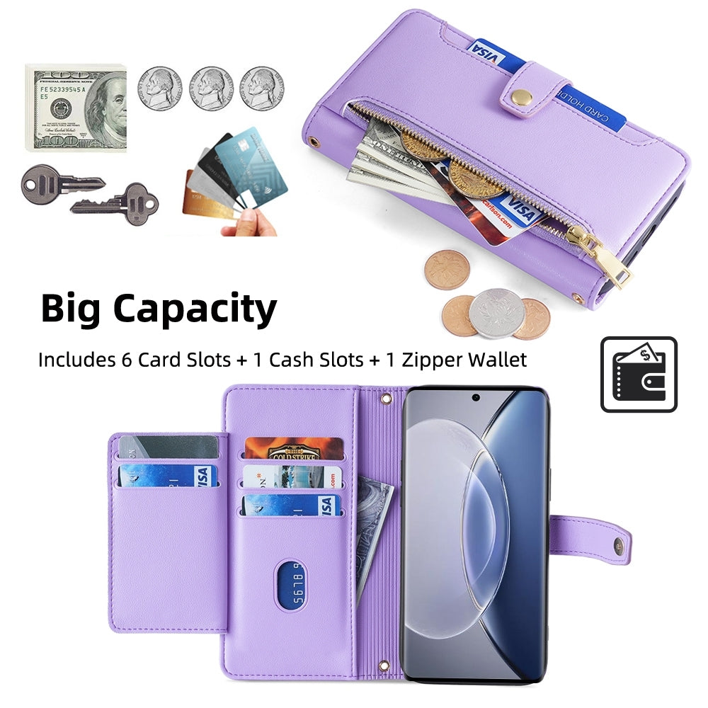 For-vivo-X90-Sheep-Texture-Cross-body-Zipper-Wallet-Leather-Phone-Case(Purple)
