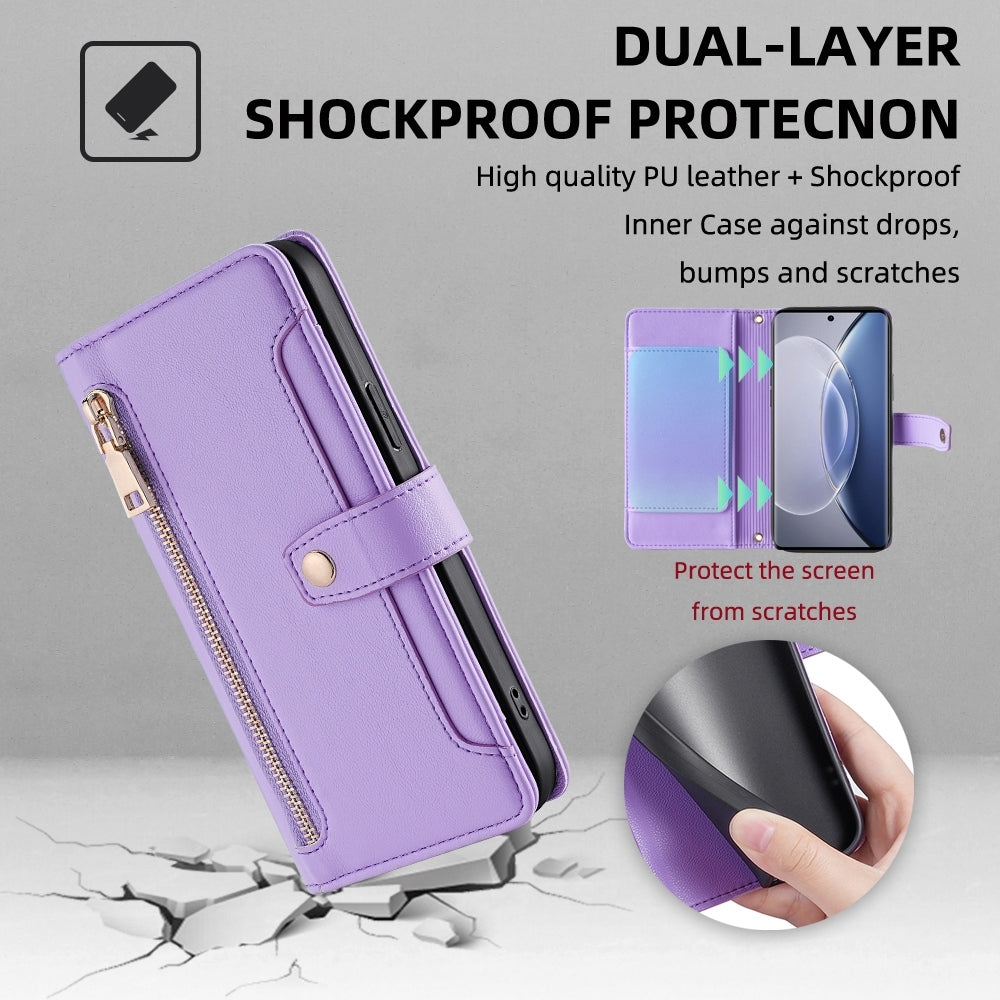For-vivo-X90-Sheep-Texture-Cross-body-Zipper-Wallet-Leather-Phone-Case(Purple)
