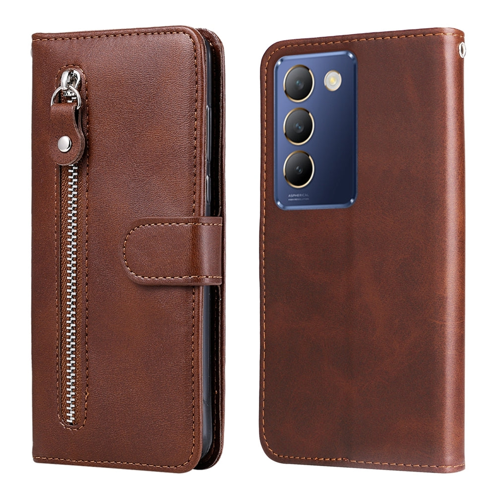 For-vivo-Y100-IDN-/-Y200e-5G-Global-Fashion-Calf-Texture-Zipper-Leather-Phone-Case(Brown)