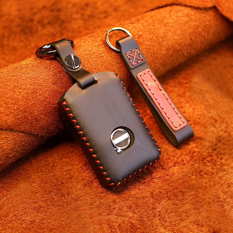 For-Volvo-Single-Slit-Style-Car-Cowhide-Leather-Key-Protective-Cover-Key-Case-(Black)