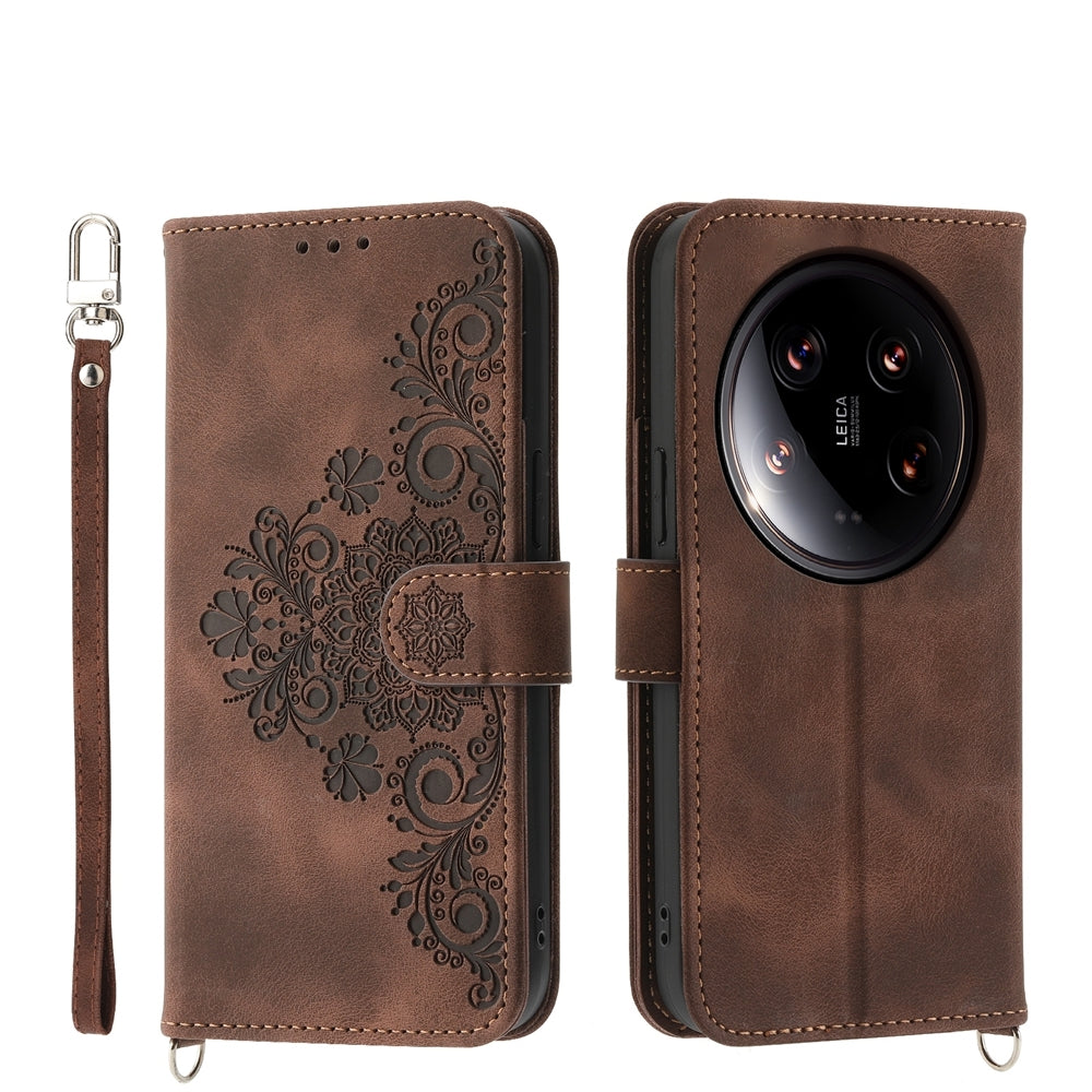 For-Xiaomi-14-Ultra-Skin-feel-Flowers-Embossed-Wallet-Leather-Phone-Case(Brown)