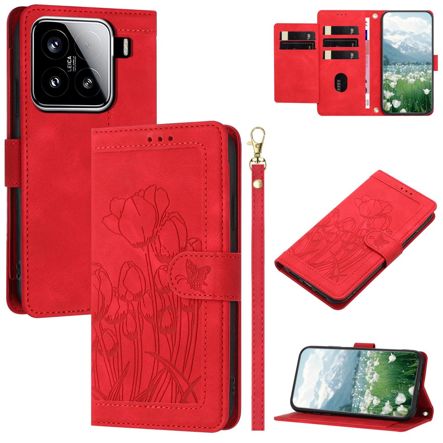 For-Xiaomi-15-Tulips-Embossed-Leather-Phone-Case-with-Lanyard(Red)