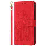 For-Xiaomi-15-Tulips-Embossed-Leather-Phone-Case-with-Lanyard(Red)