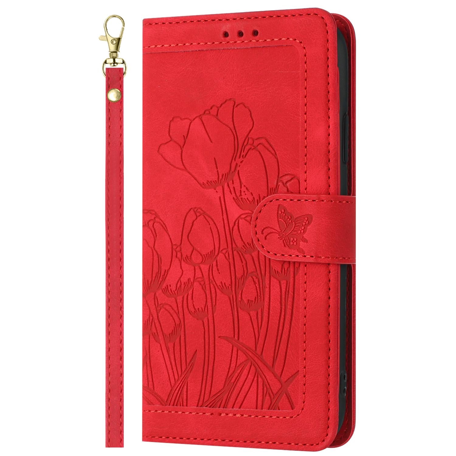 For-Xiaomi-15-Tulips-Embossed-Leather-Phone-Case-with-Lanyard(Red)