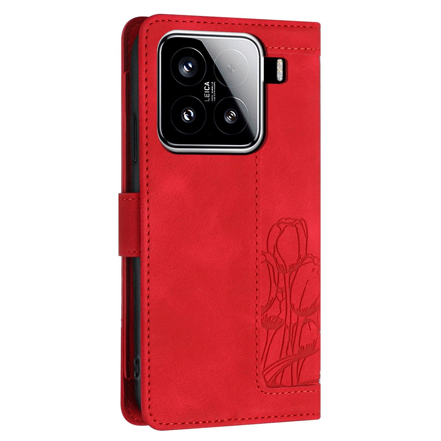 For-Xiaomi-15-Tulips-Embossed-Leather-Phone-Case-with-Lanyard(Red)