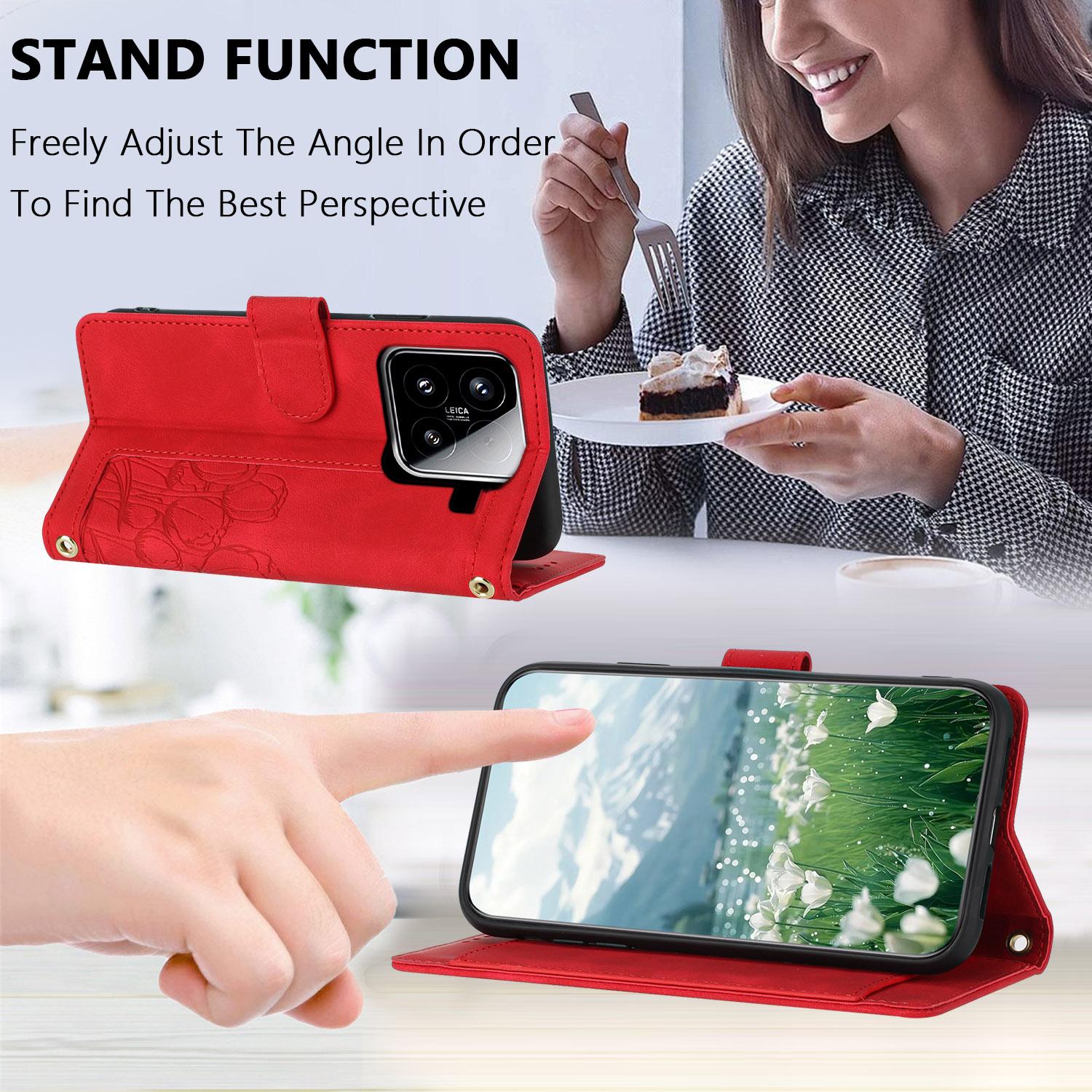 For-Xiaomi-15-Tulips-Embossed-Leather-Phone-Case-with-Lanyard(Red)