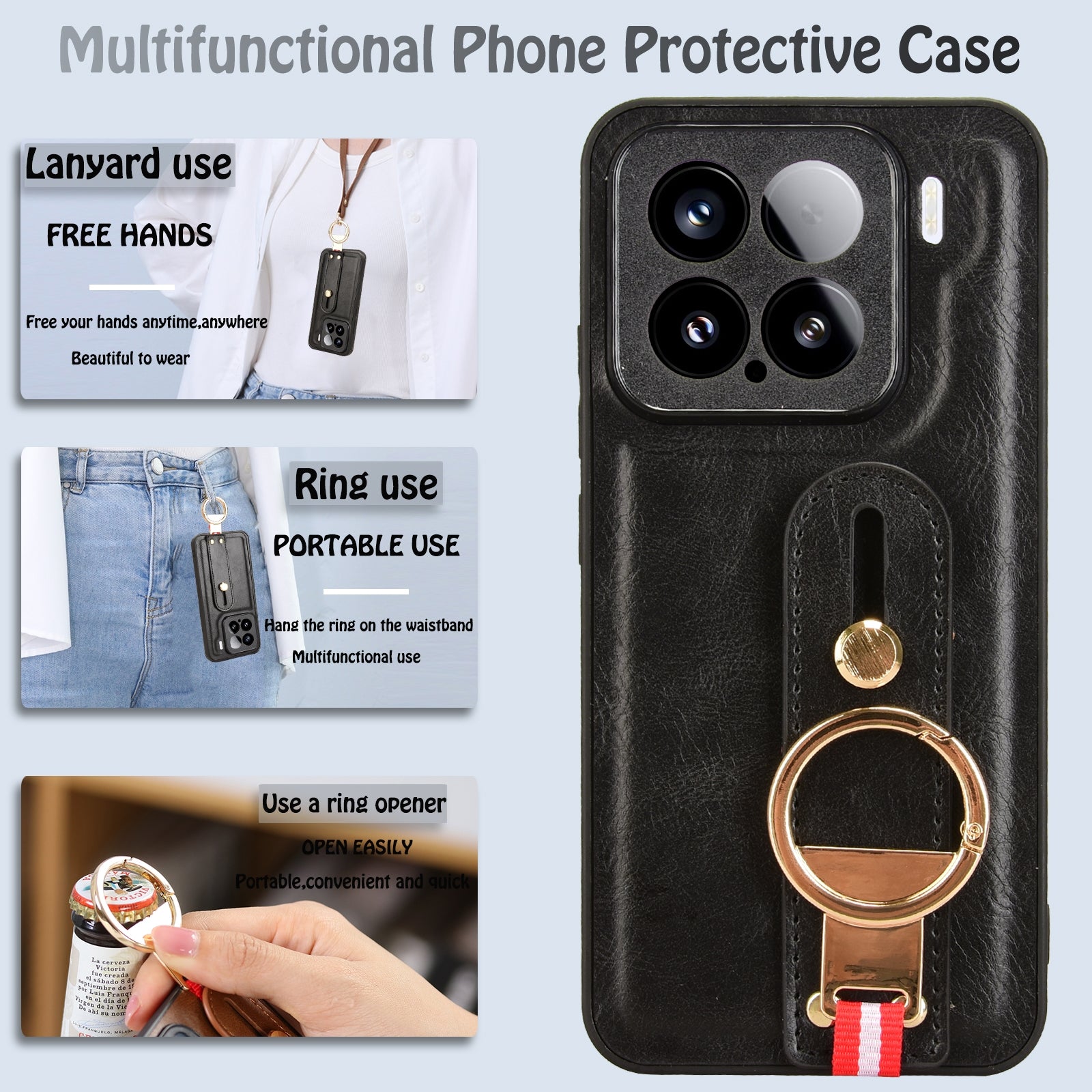 For-Xiaomi-15-Wristband-Leather-Back-Phone-Case(Black)