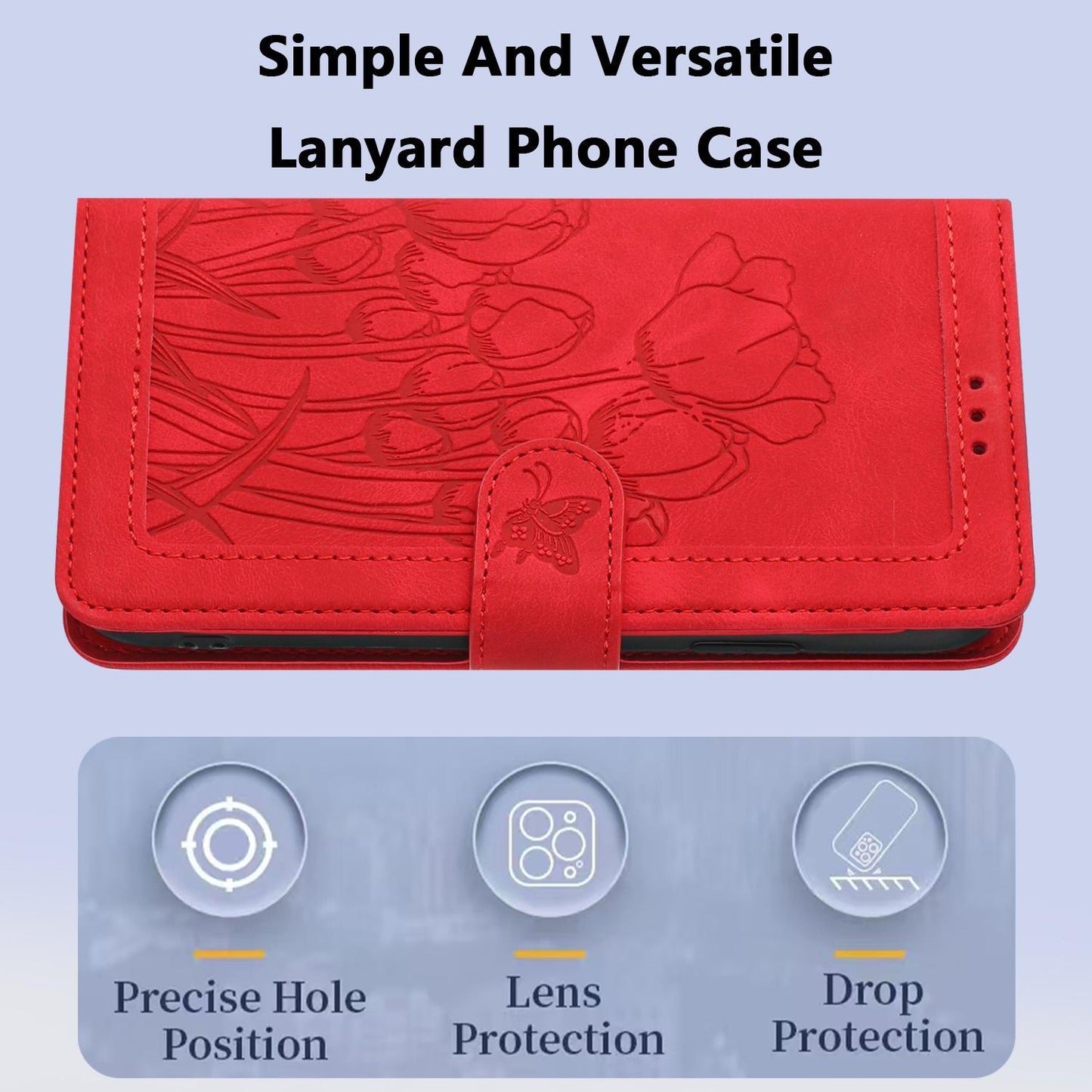 For-Xiaomi-15-Tulips-Embossed-Leather-Phone-Case-with-Lanyard(Red)