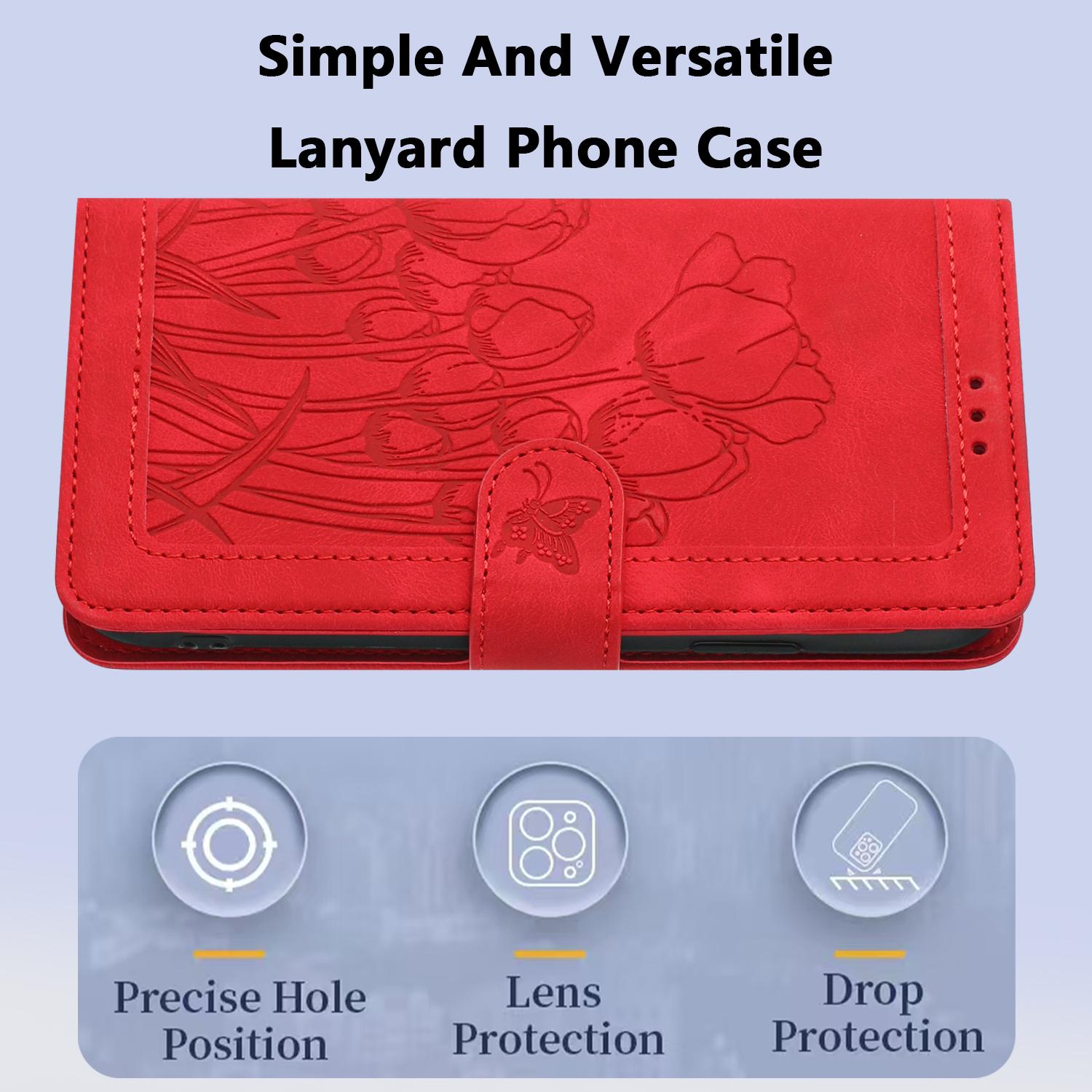 For-Xiaomi-15-Tulips-Embossed-Leather-Phone-Case-with-Lanyard(Red)