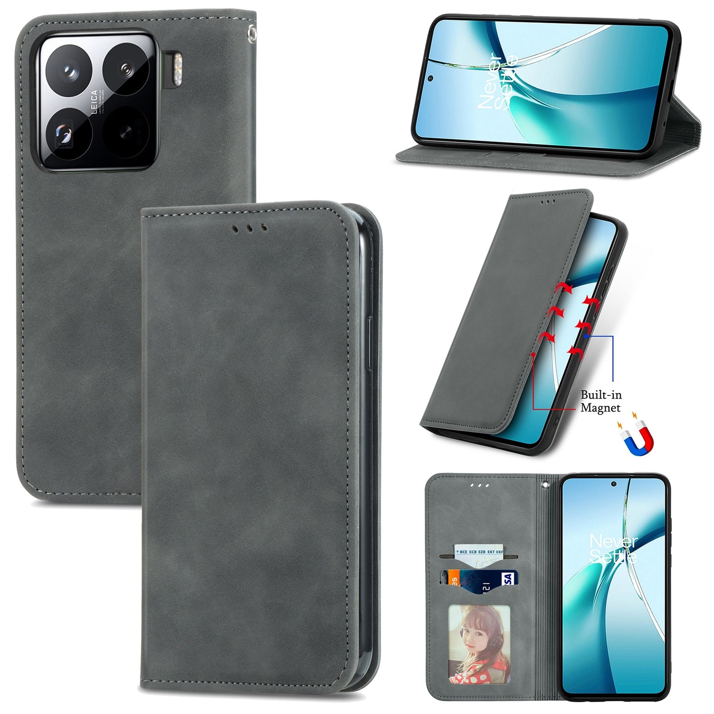 For-Xiaomi-15-Retro-Skin-Feel-Magnetic-Flip-Leather-Phone-Case(Gray)
