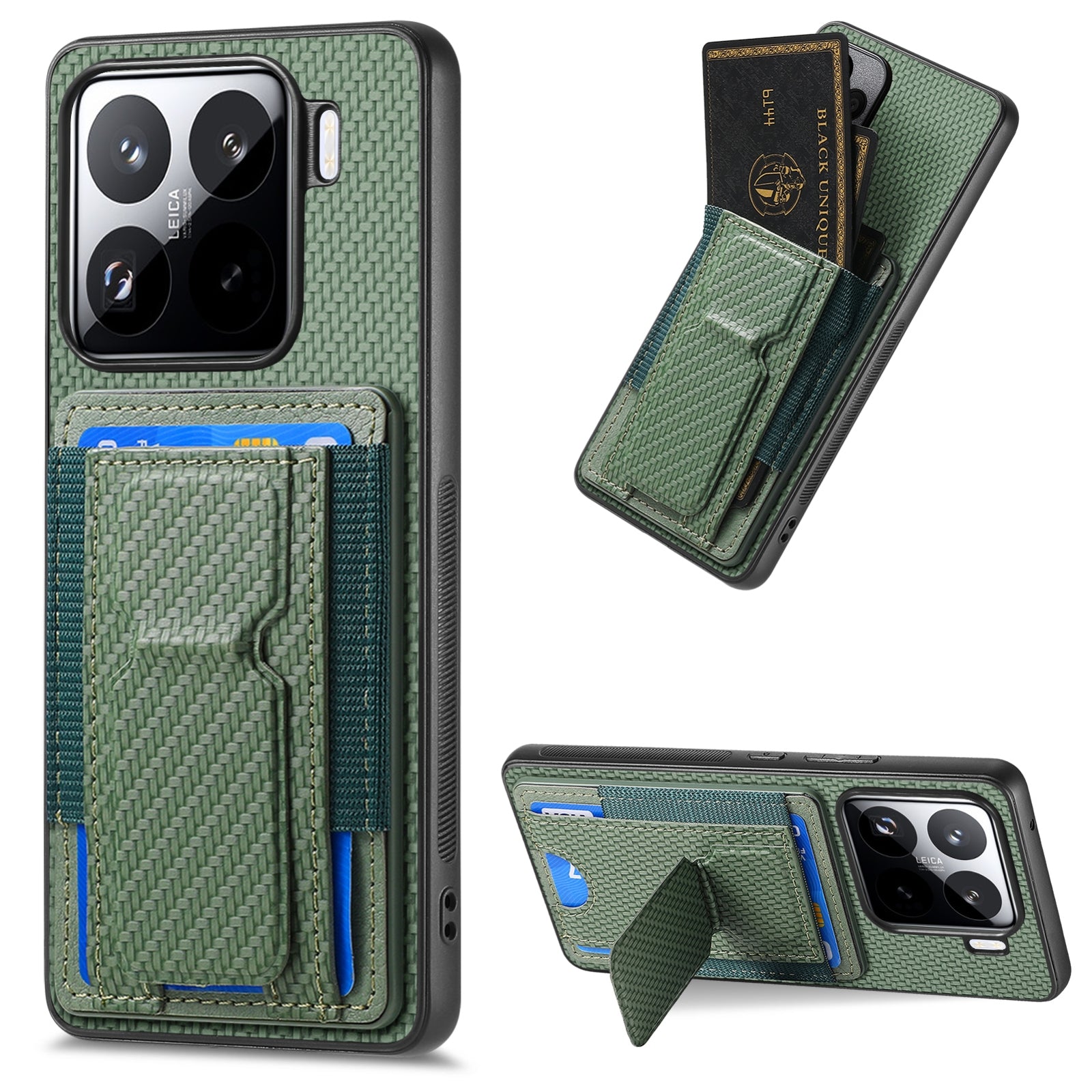 For-Xiaomi-15-Carbon-Fiber-Fold-Stand-Elastic-Card-Bag-Phone-Case(Green)