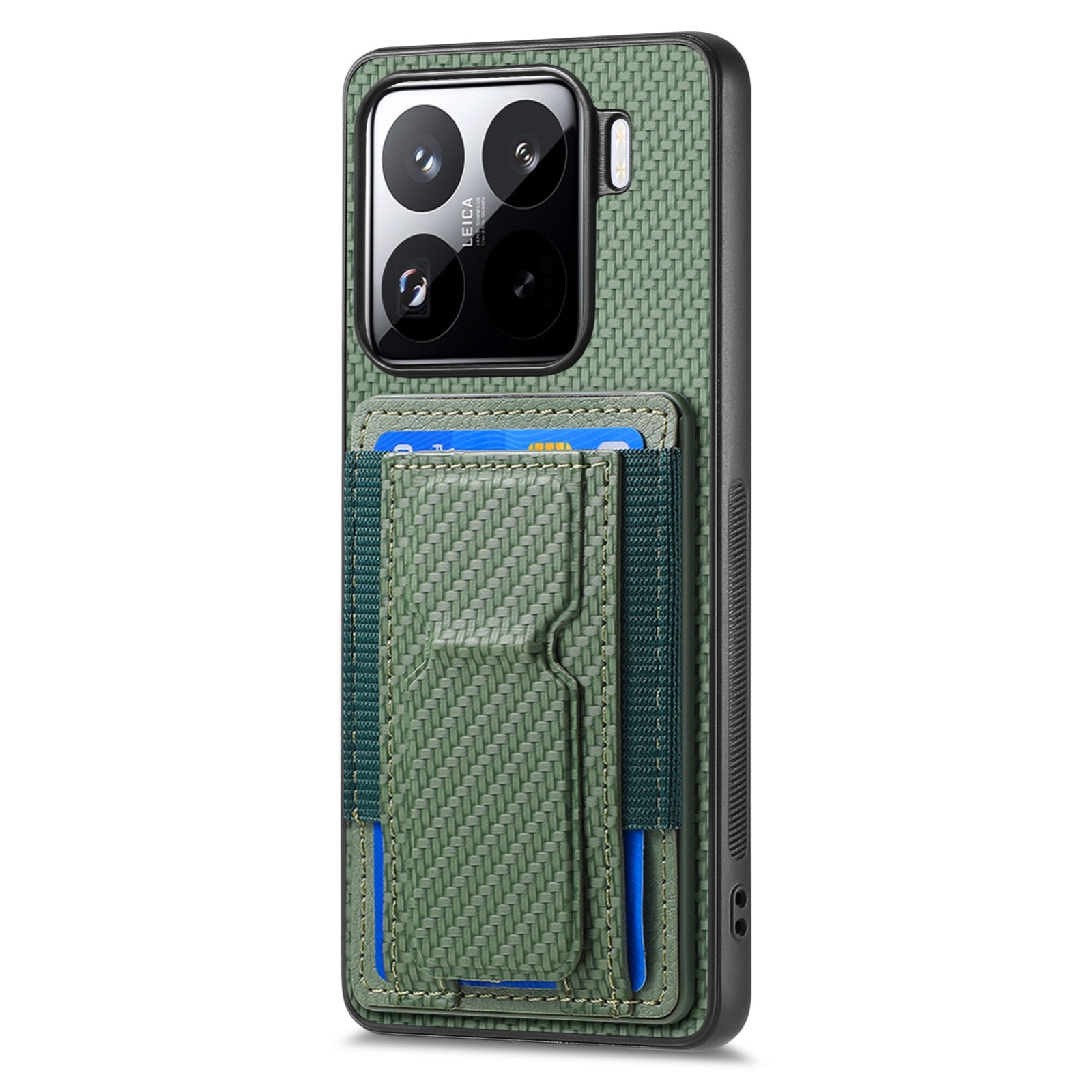 For-Xiaomi-15-Carbon-Fiber-Fold-Stand-Elastic-Card-Bag-Phone-Case(Green)
