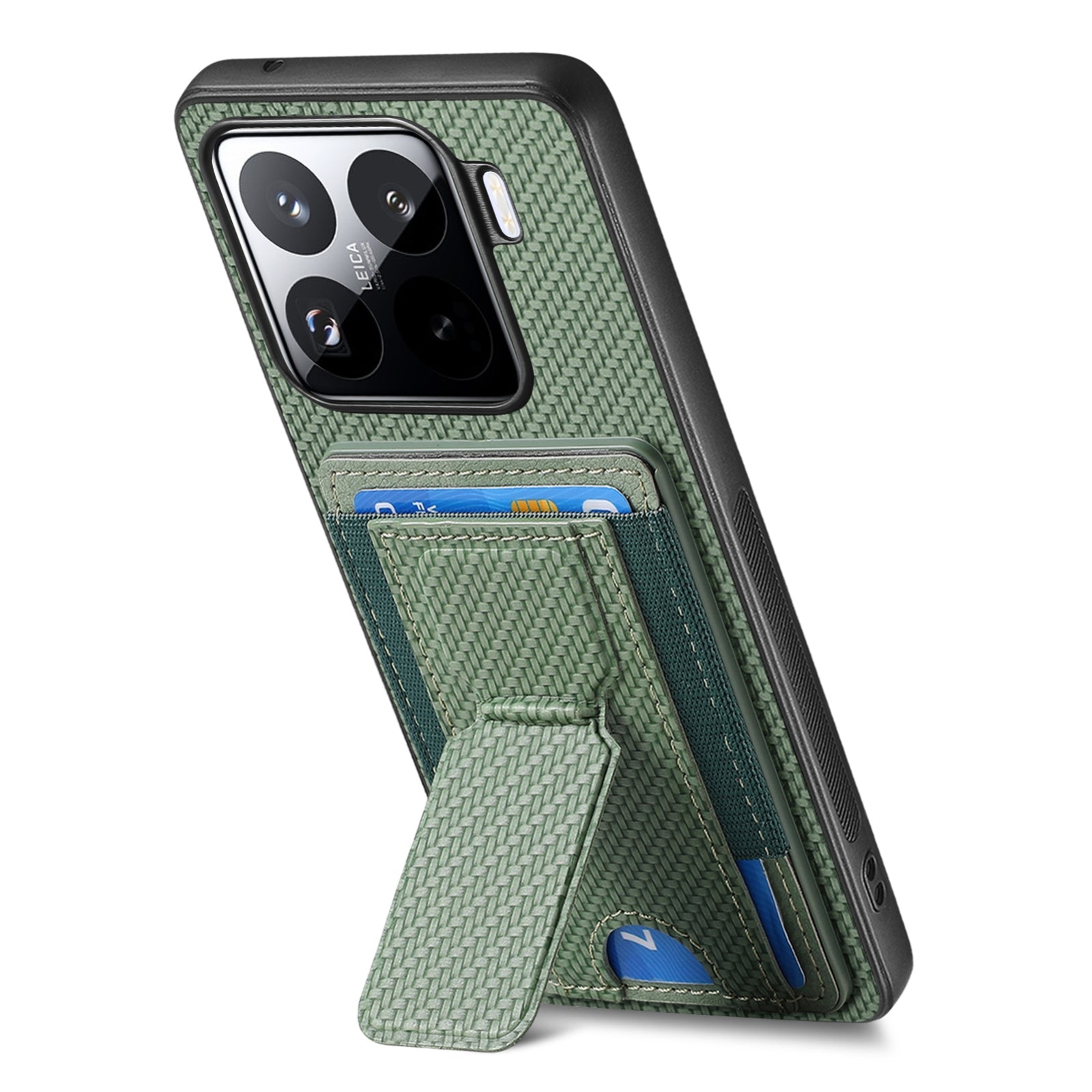 For-Xiaomi-15-Carbon-Fiber-Fold-Stand-Elastic-Card-Bag-Phone-Case(Green)