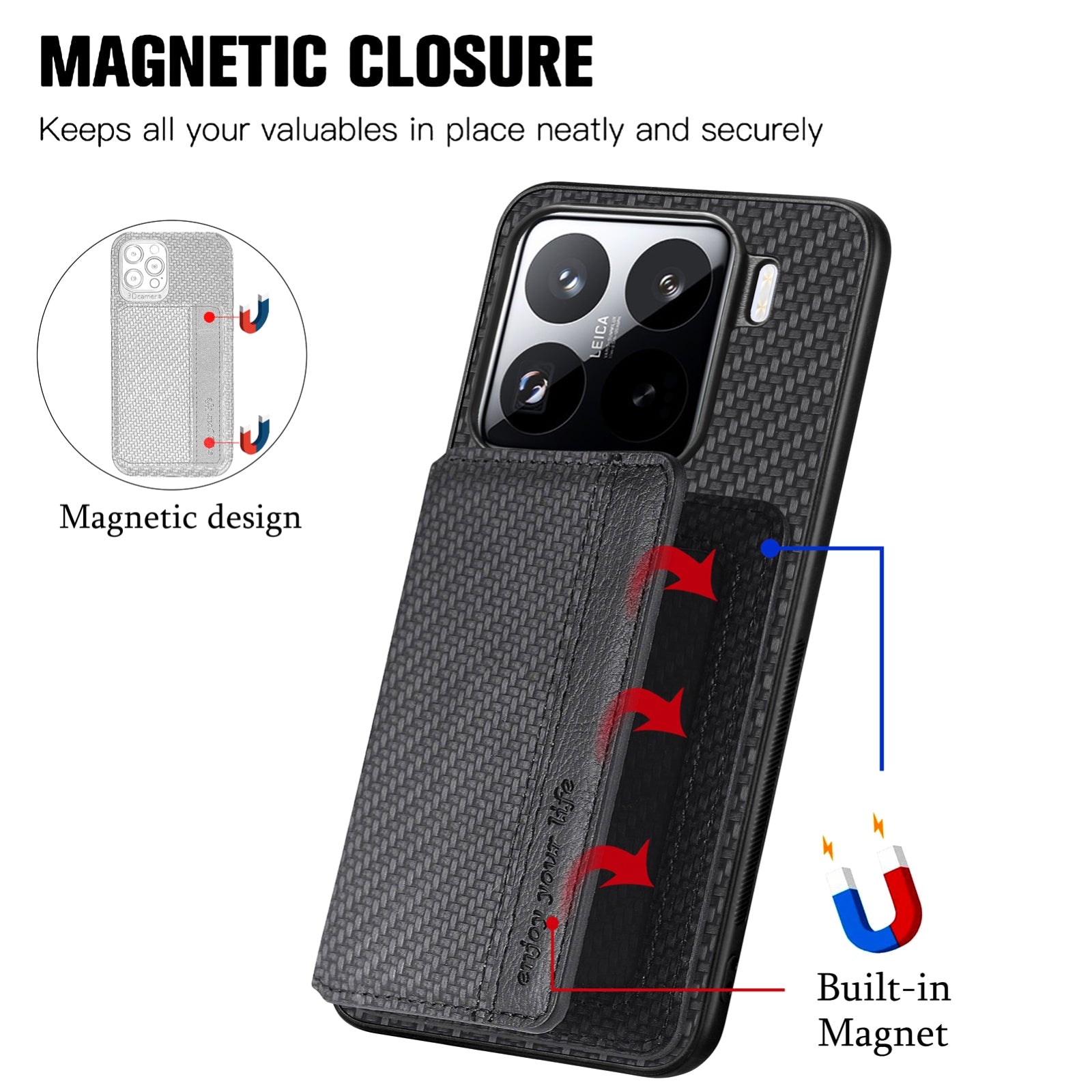 For-Xiaomi-15-Pro-Carbon-Fiber-Magnetic-Card-Bag-Phone-Case(Black)