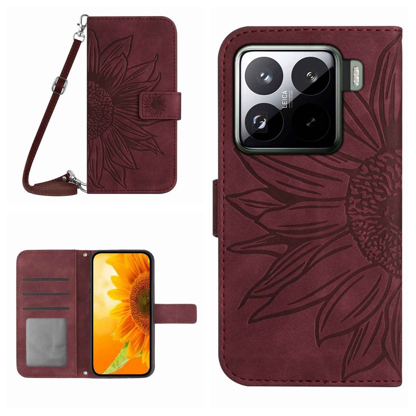 For-Xiaomi-15-Skin-Feel-Sun-Flower-Embossed-Flip-Leather-Phone-Case-with-Lanyard(Wine-Red)
