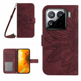 For-Xiaomi-15-Skin-Feel-Sun-Flower-Embossed-Flip-Leather-Phone-Case-with-Lanyard(Wine-Red)