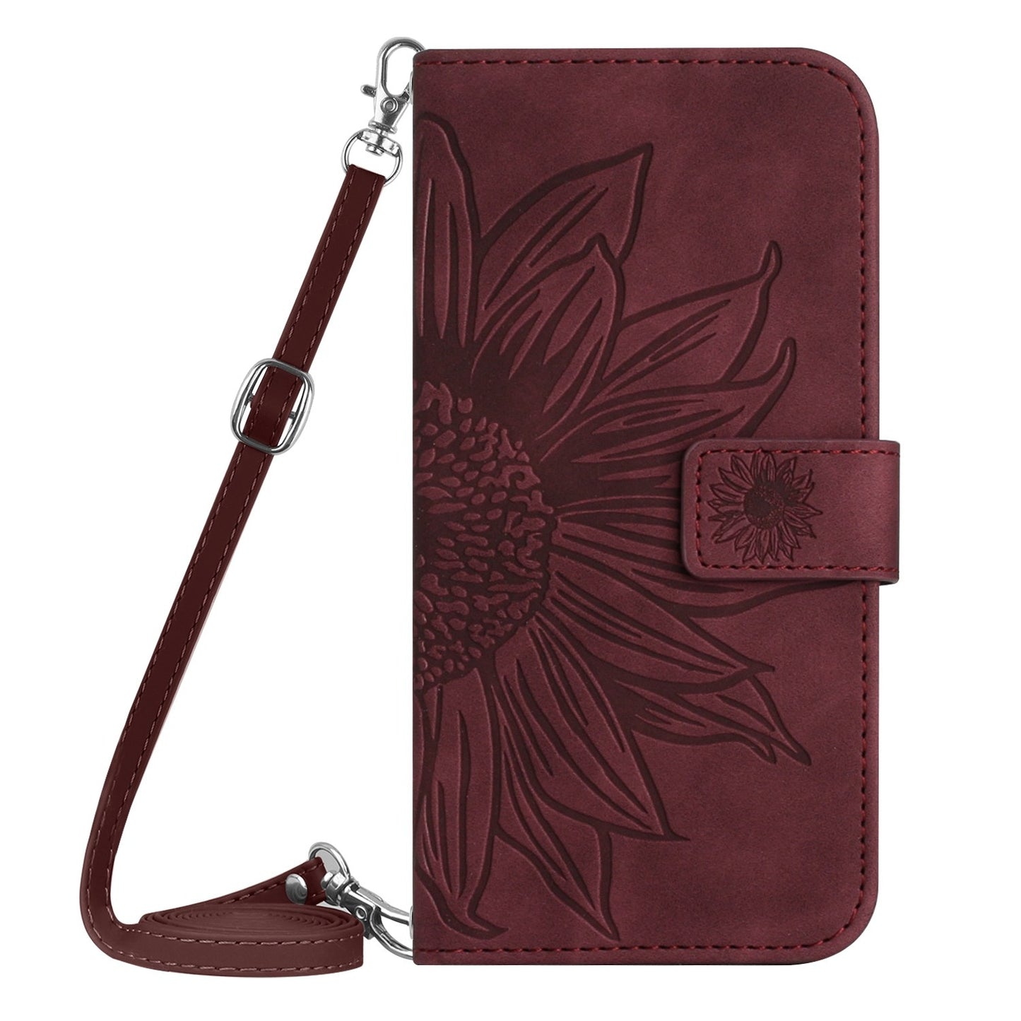 For-Xiaomi-15-Skin-Feel-Sun-Flower-Embossed-Flip-Leather-Phone-Case-with-Lanyard(Wine-Red)