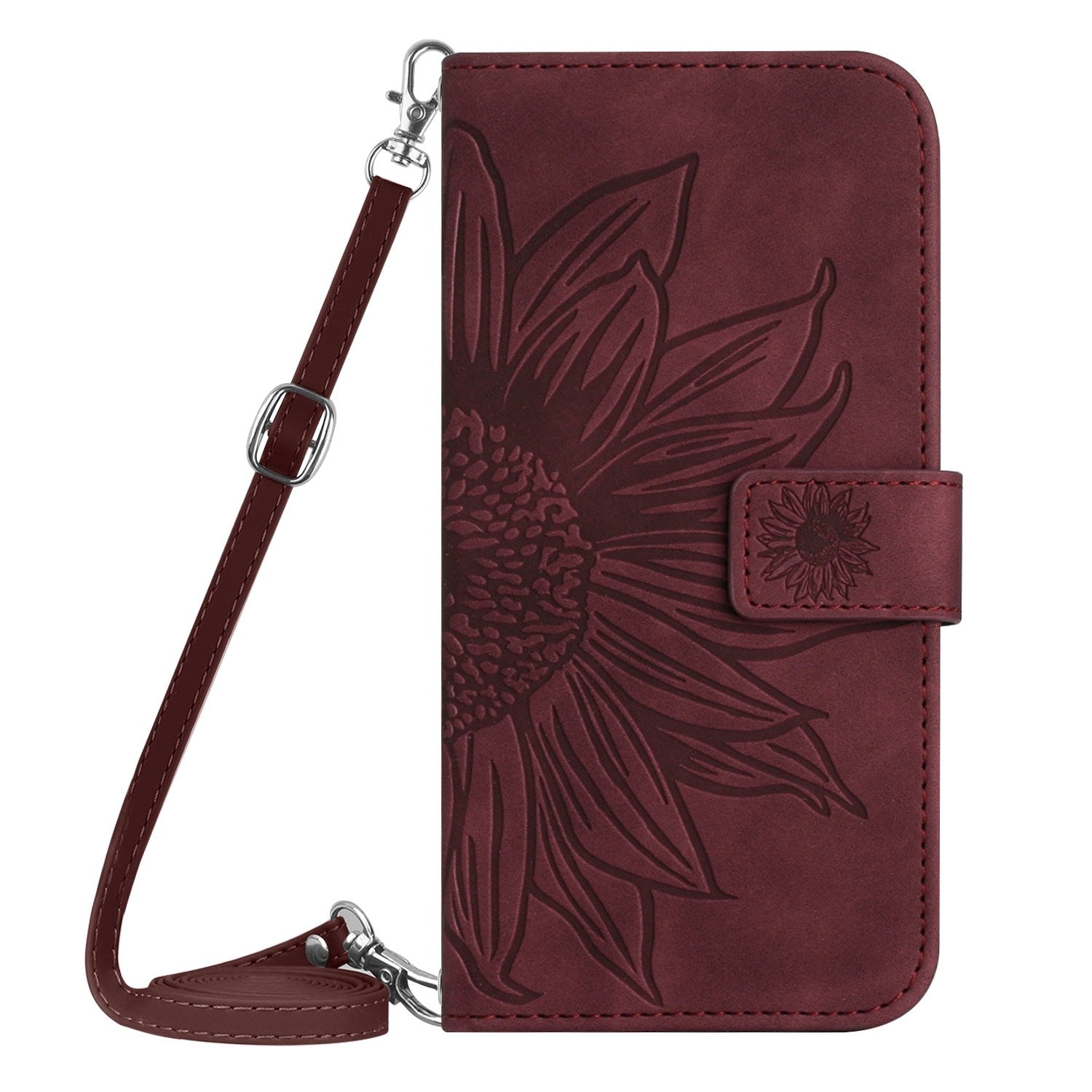 For-Xiaomi-15-Skin-Feel-Sun-Flower-Embossed-Flip-Leather-Phone-Case-with-Lanyard(Wine-Red)