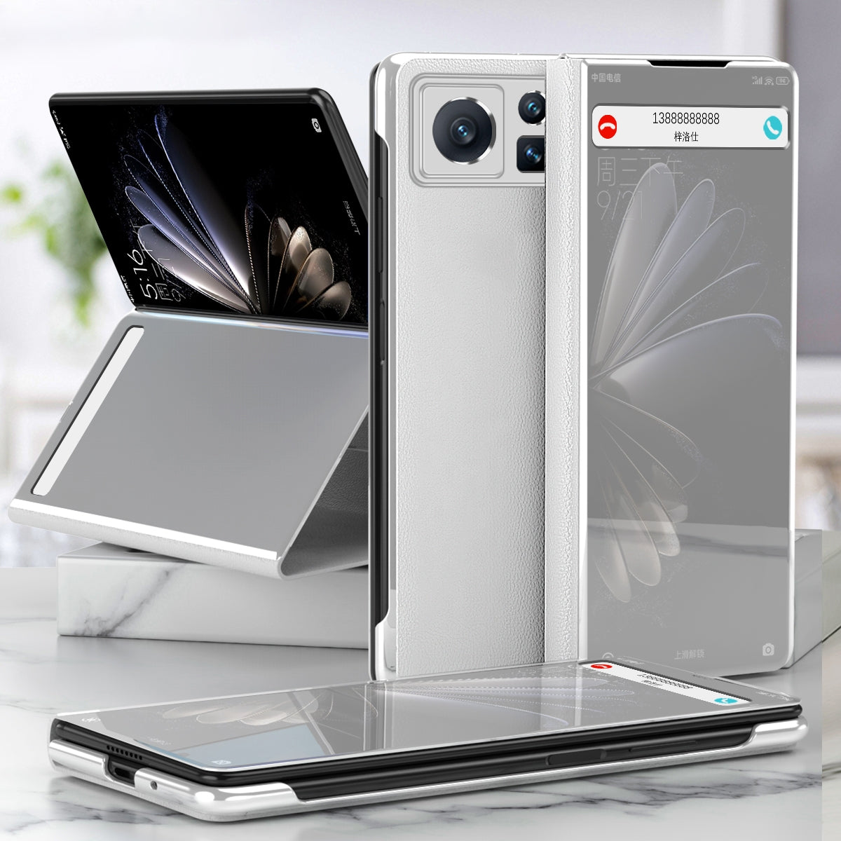 For-Xiaomi-Mix-Fold-2-Electroplated-Mirror-Leather-Phone-Case-with-Holder(Silver)