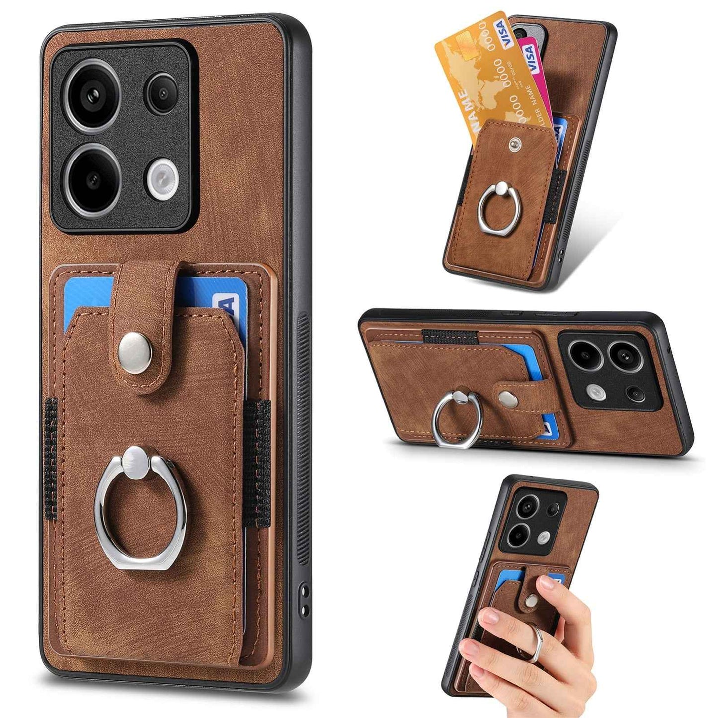 For-Xiaomi-Redmi-Note-13-Pro-Retro-Skin-feel-Ring-Card-Wallet-Phone-Case(Brown)