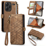 For-Xiaomi-Redmi-Note-13-Pro+-Geometric-Zipper-Wallet-Side-Buckle-Leather-Phone-Case(Brown)