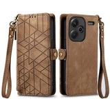 For-Xiaomi-Redmi-Note-13-Pro+-Geometric-Zipper-Wallet-Side-Buckle-Leather-Phone-Case(Brown)