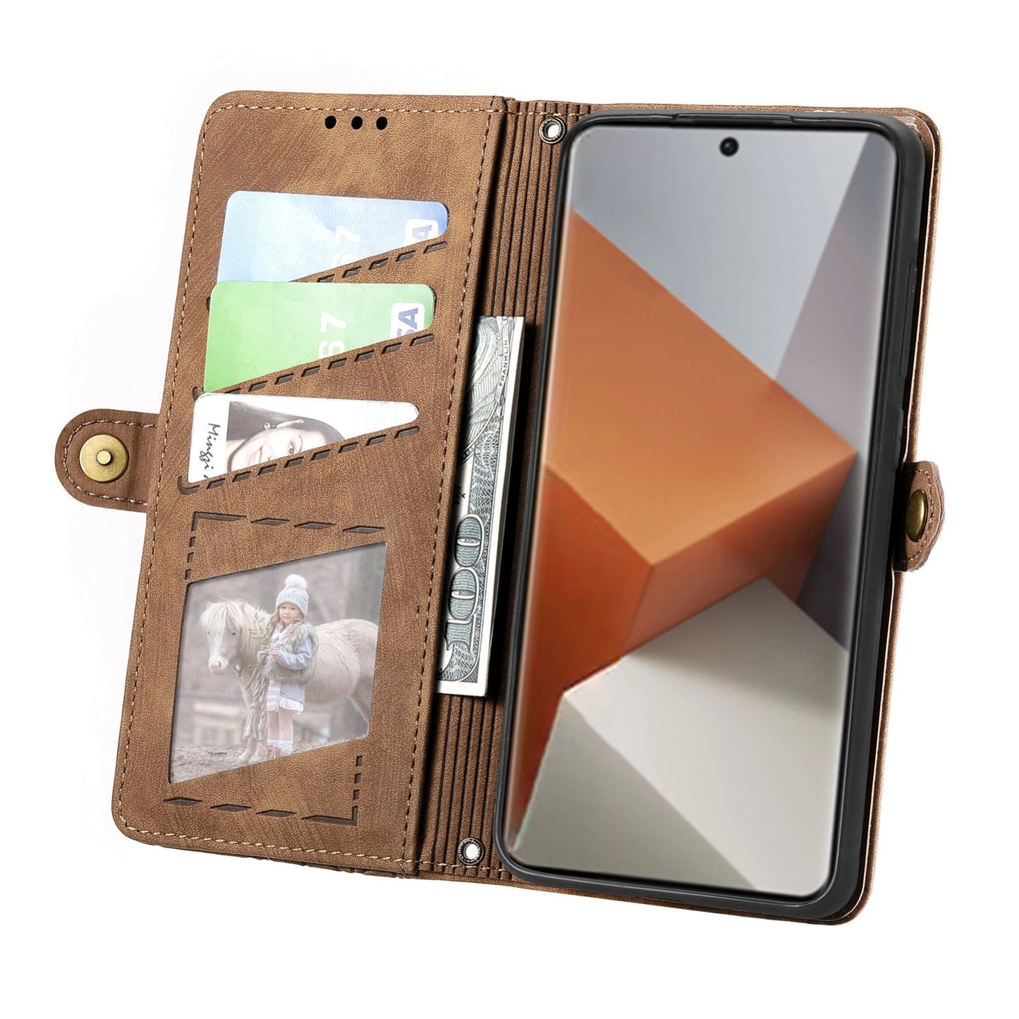 For-Xiaomi-Redmi-Note-13-Pro+-Geometric-Zipper-Wallet-Side-Buckle-Leather-Phone-Case(Brown)