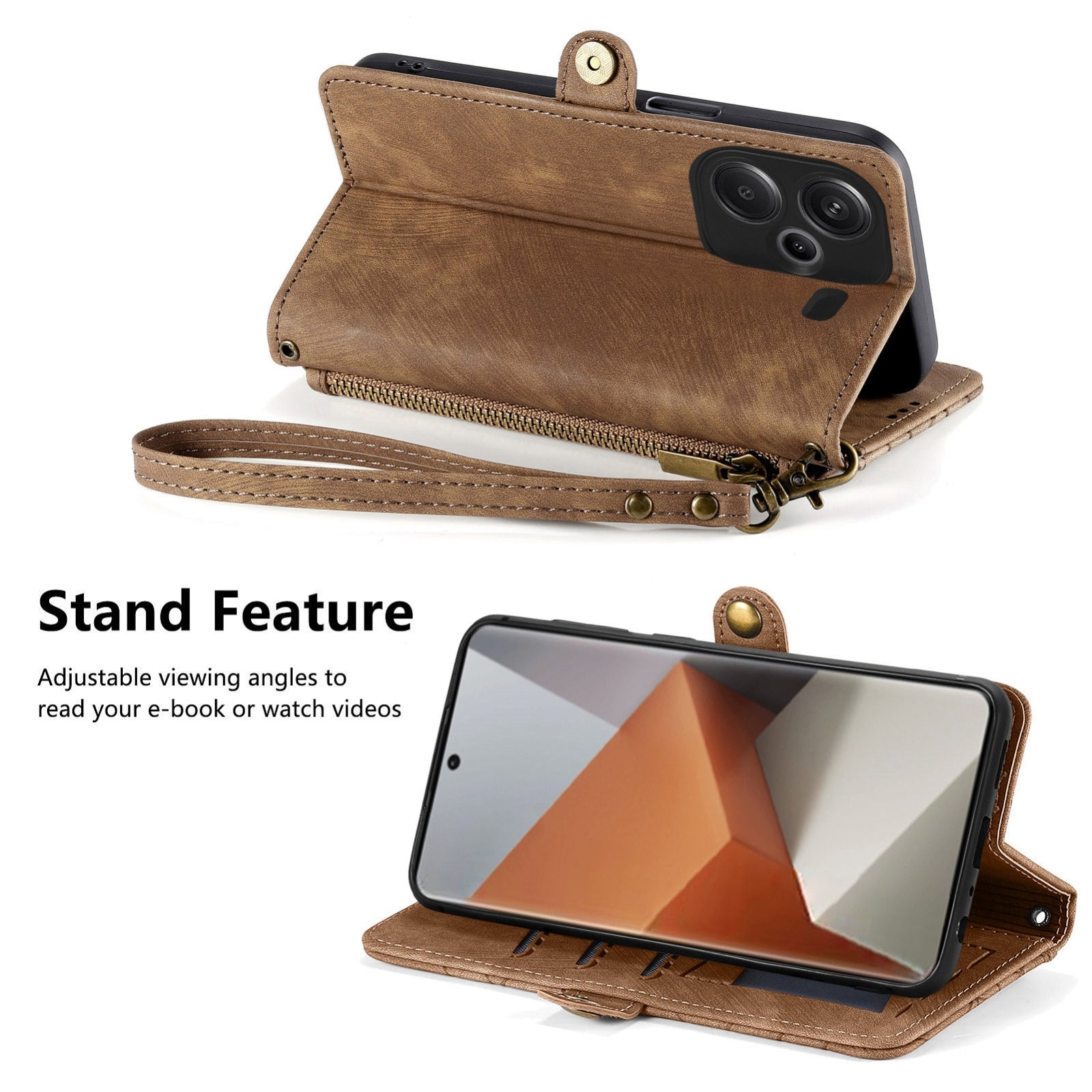 For-Xiaomi-Redmi-Note-13-Pro+-Geometric-Zipper-Wallet-Side-Buckle-Leather-Phone-Case(Brown)