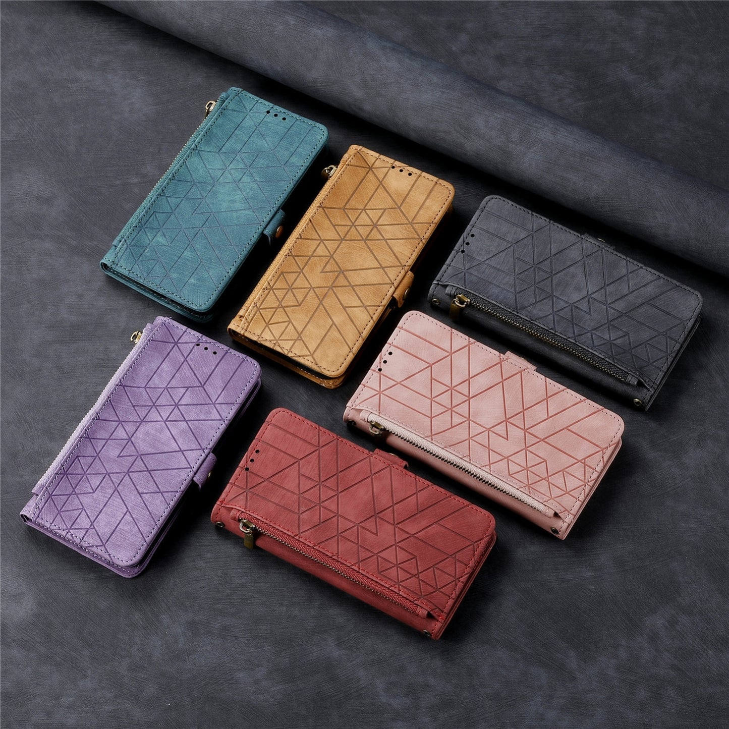 For-Xiaomi-Redmi-Note-13-Pro+-Geometric-Zipper-Wallet-Side-Buckle-Leather-Phone-Case(Brown)