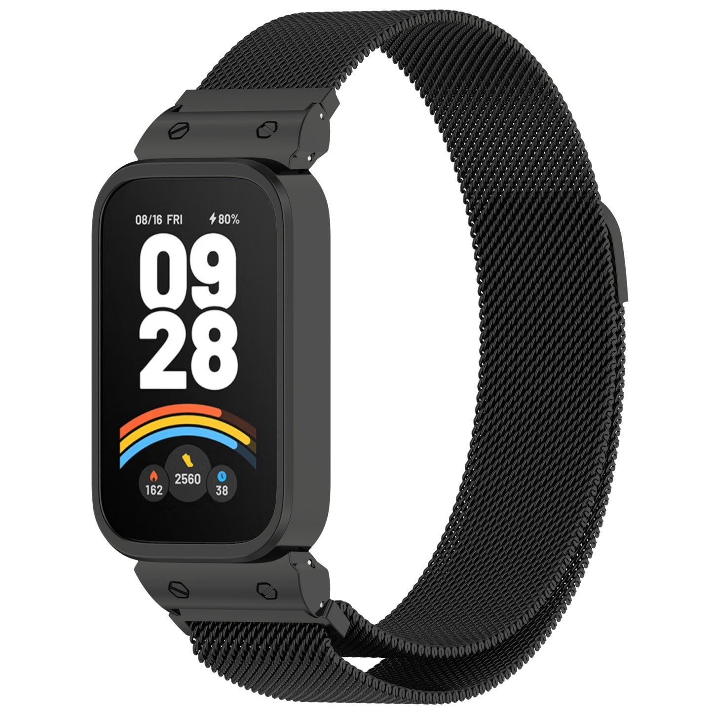 For-Xiaomi-Smart-Band-9-Active-/-Redmi-Band-3-Metal-Frame-Watch-Case-Integrated-Milan-Magnetic-Watch-Band(Black)