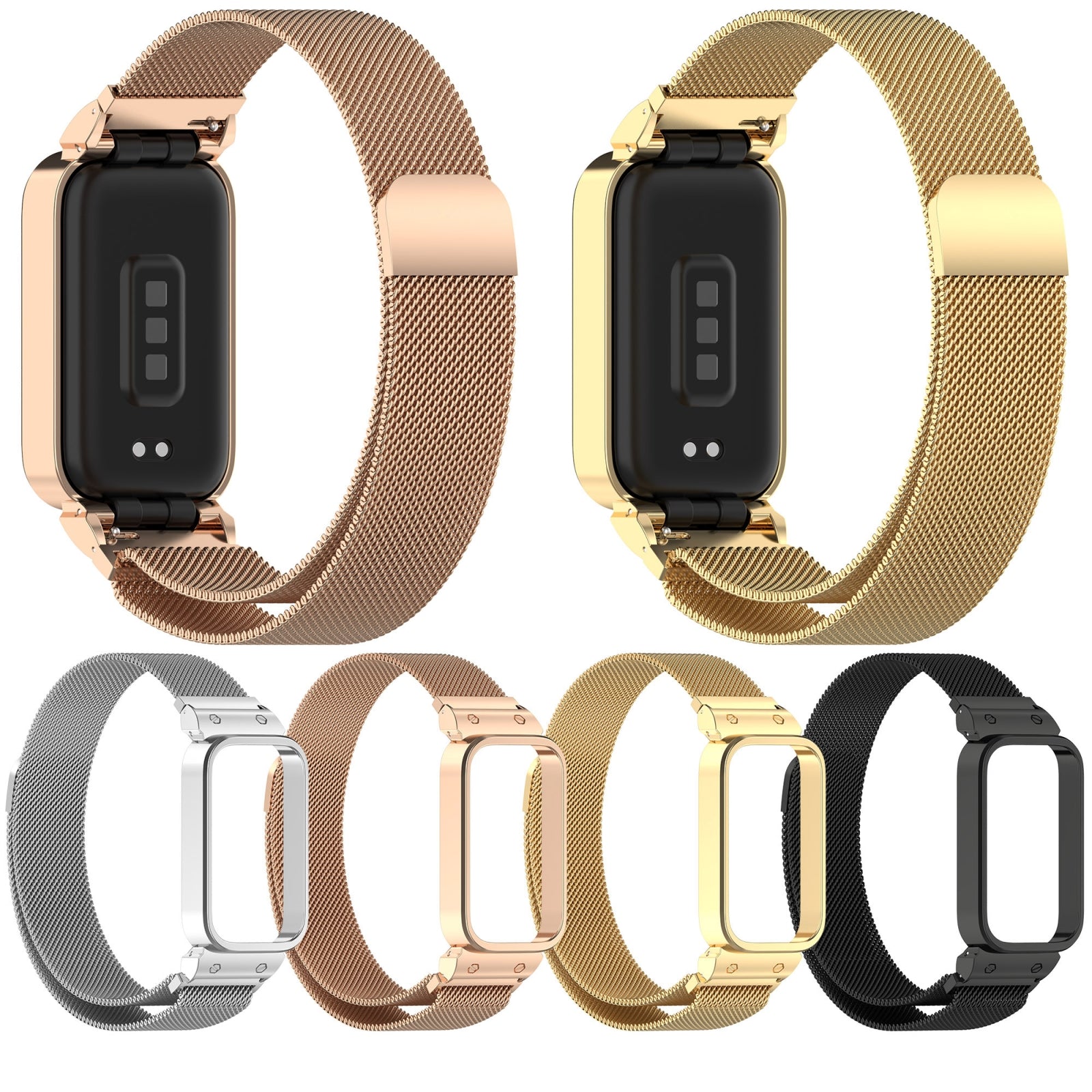 For-Xiaomi-Smart-Band-9-Active-/-Redmi-Band-3-Metal-Frame-Watch-Case-Integrated-Milan-Magnetic-Watch-Band(Black)