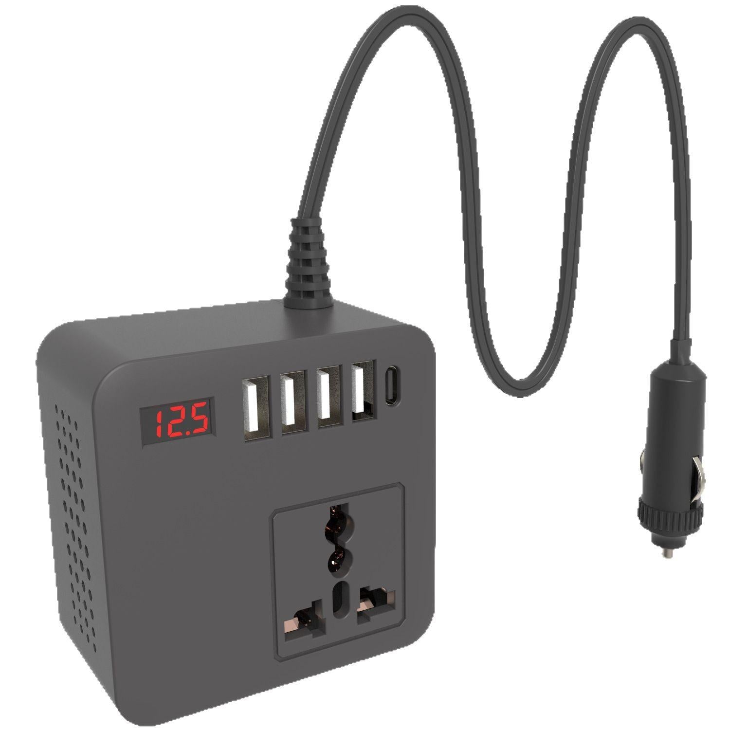 Gurxun-12/24V-To-110/220V-Multi-Function-Car-Fast-Charger-With-4-USB+Type-C+Universal-Socket(Magic-Square)