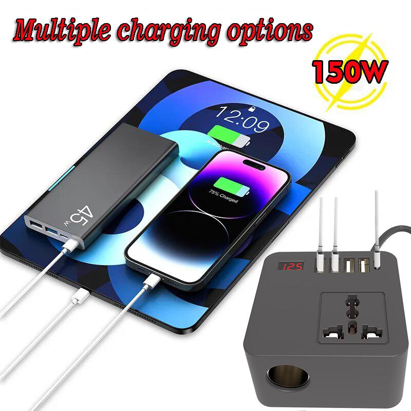 Gurxun-12/24V-To-110/220V-Multi-Function-Car-Fast-Charger-With-4-USB+Type-C+Universal-Socket(Magic-Square)