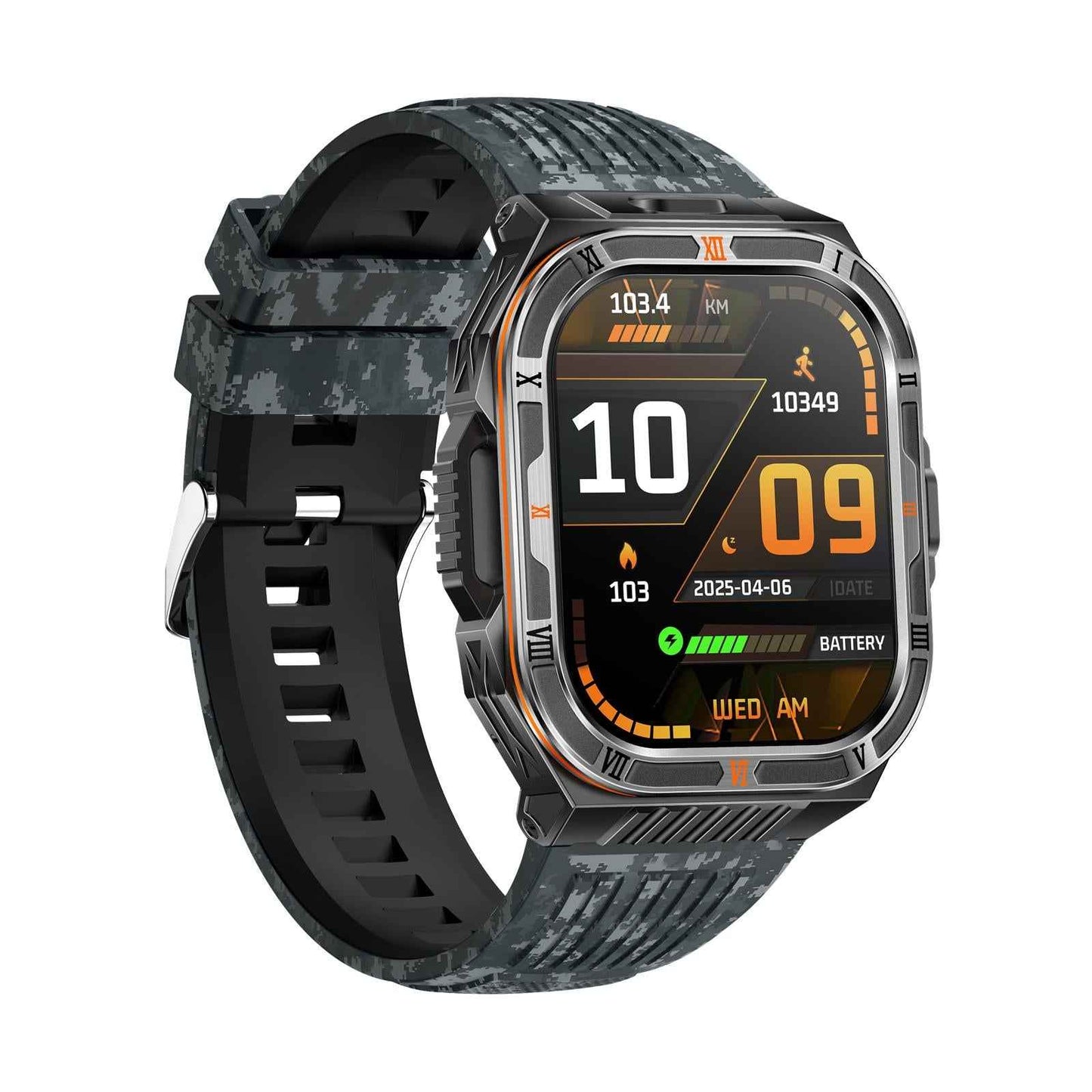 HT38 2.01 inch IPS Square Screen Smart Sports Watch Supports Bluetooth Call, Health Monitoring, LED Flashlight(Camouflage Blue Silicone Strap)
