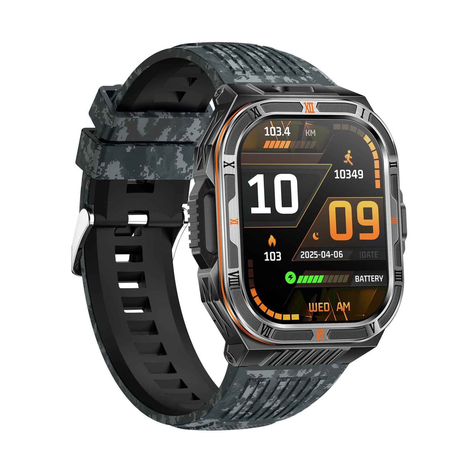 HT38 2.01 inch IPS Square Screen Smart Sports Watch Supports Bluetooth Call, Health Monitoring, LED Flashlight(Camouflage Blue Silicone Strap)