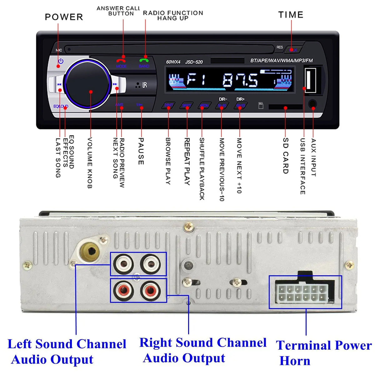 JSD-520-Car-Stereo-Radio-MP3-Audio-Player-Support-Bluetooth-Hand-free-Calling-/-FM-/-USB-/-SD,-Ordinary-Version