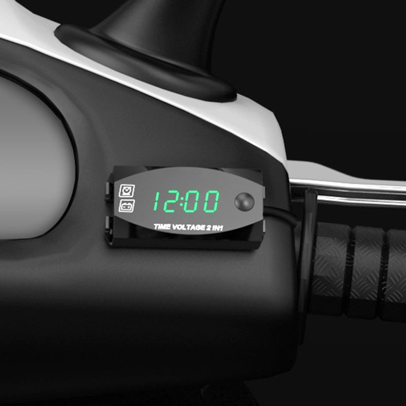Motorcycle-Multi-functional-2-in-1-Digital-Display-Voltmeter-+-Electronic-Clock,-6-30V-IP67-(Green-Light)